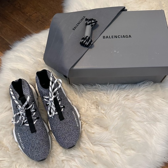 Balenciaga Speed LT Lace Up Sneakers Silver Metallic Sock Trainers w/ Box - Picture 2 of 9